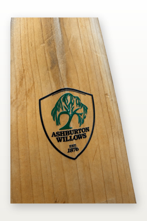 Ashburton Willows club logo sticker on a cricket bat