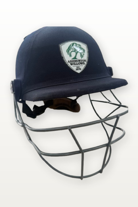 Ashburton Willows club logo sticker on a cricket helmet