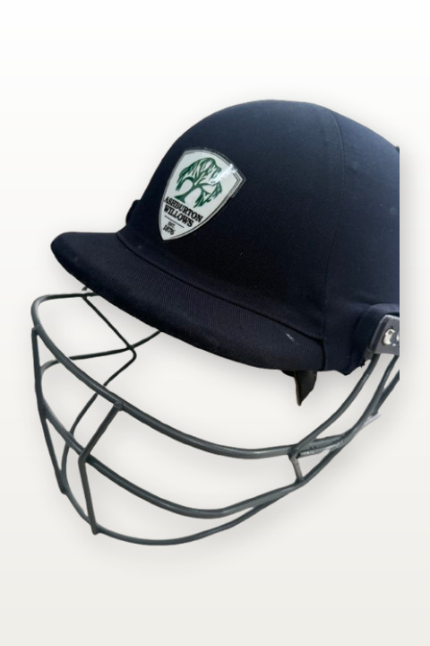 Ashburton Willows club logo sticker on a cricket helmet, side view