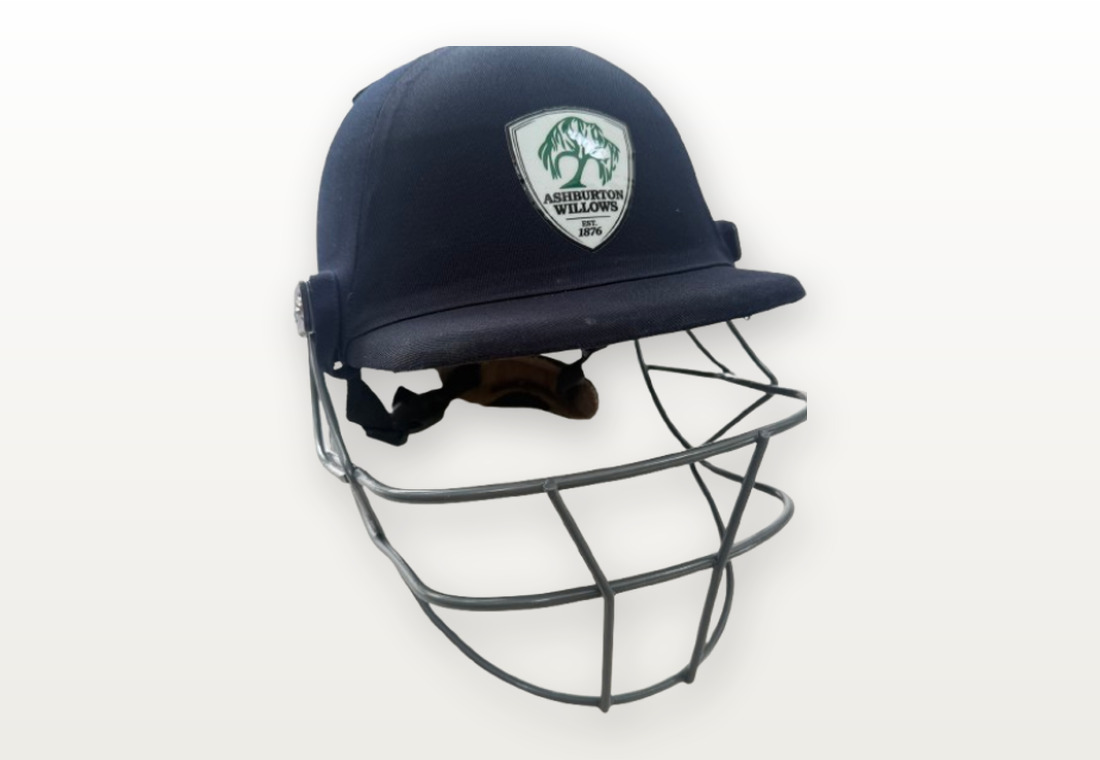 Ashburton Willows club logo sticker applied to a cricket helmet